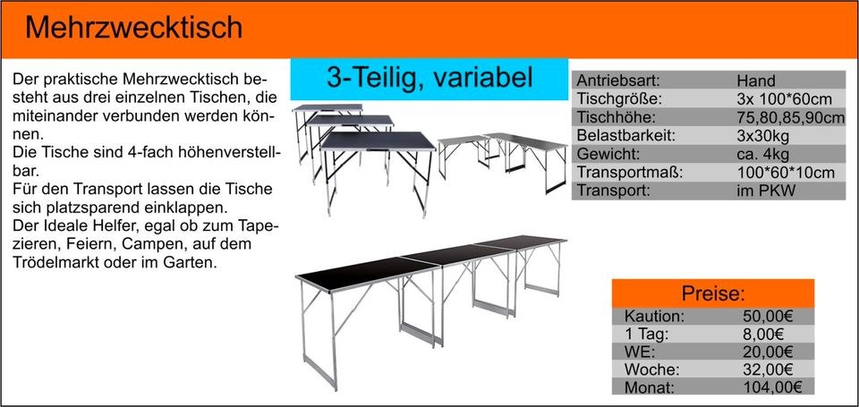 Mehrzwecktisch 3 teilig Tapeziertisch mieten bei Tools4Time – 2