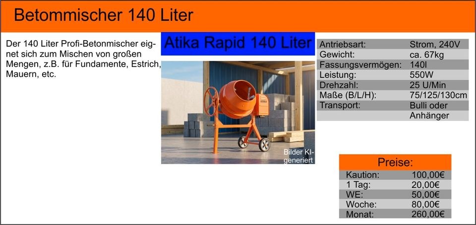 Betonmischer Atika,Beton Mischmaschine 140l Bau mieten bei Tools4Time – 2