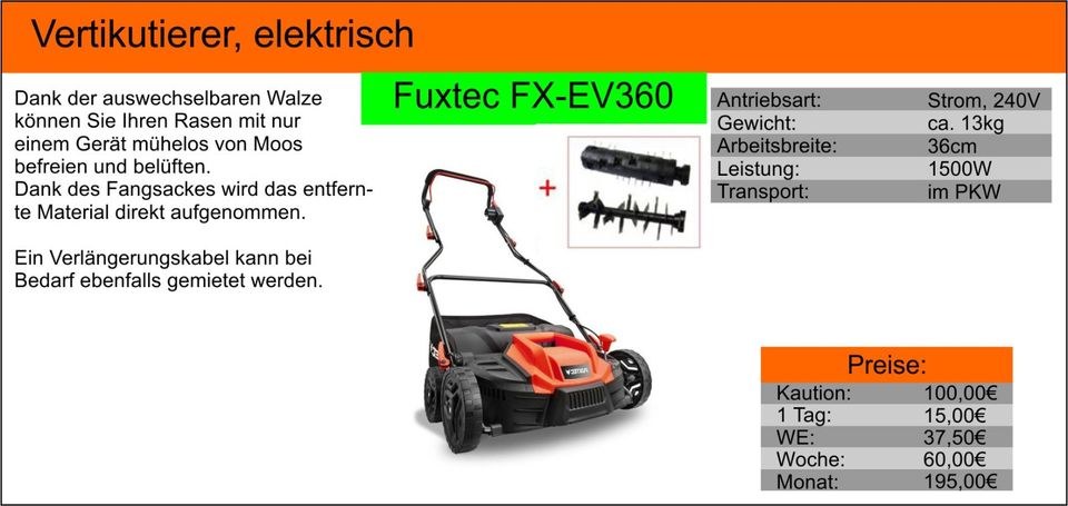 Vertikutierer Rasenlüfter Fuxtec elektrisch mieten bei Tools4Time – 2