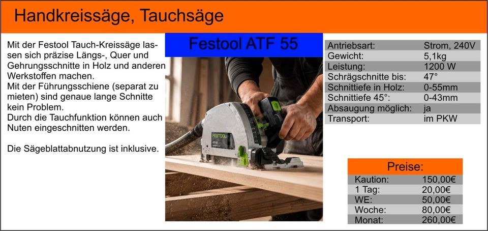 Tauchsäge Handkreissäge Führungsschiene Festool mieten bei Tools4Time – 2