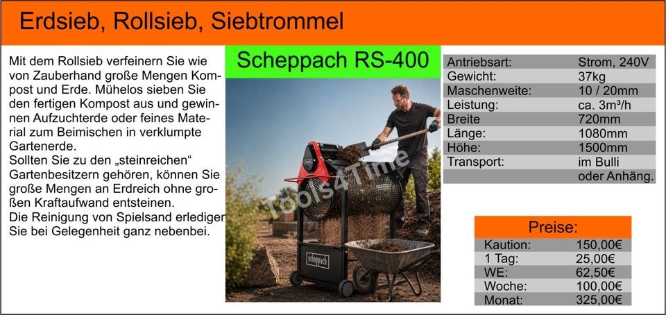 Rollsieb Erdsieb Siebtrommel Kompostsieb mieten bei Tools4Time – 2