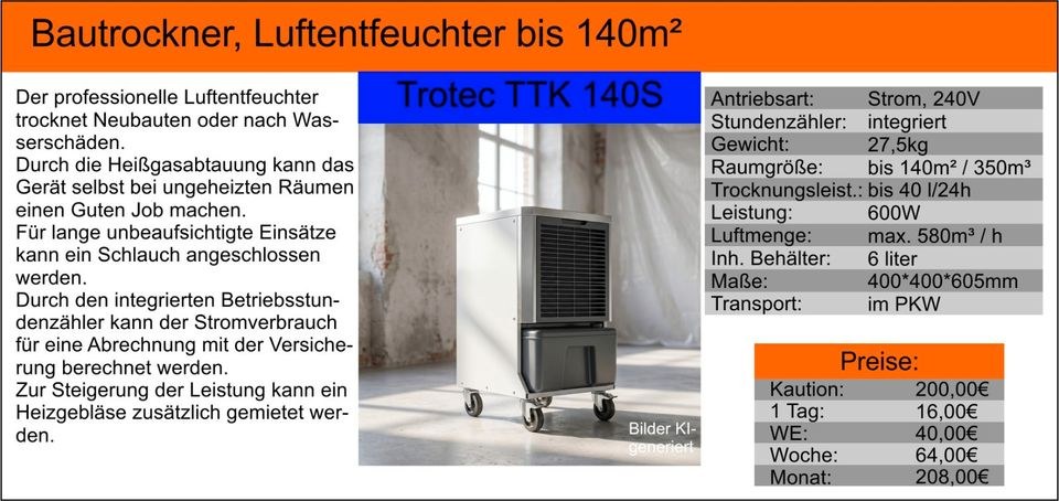 Bautrockner Kondenstrockner Wasserschaden Neubau mieten bei Tools4Time – 2