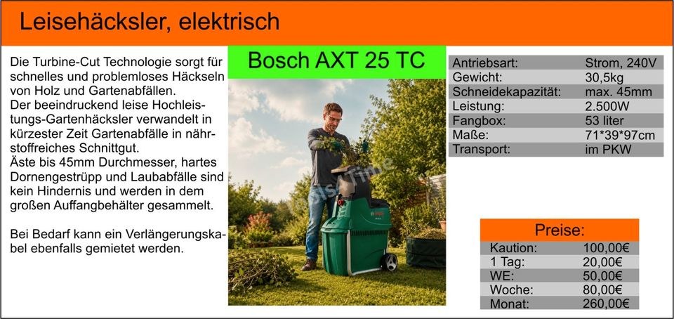 Häcksler Leisehäcksler Bosch AXT 25 TC Kompost mieten bei Tools4Time – 2