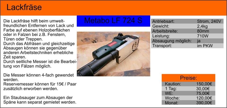 Lackfräse Metabo Entlacken Treppe renovieren mieten bei Tools4Time – 2