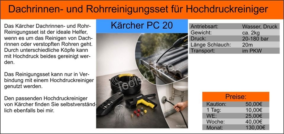 Kärcher Dachrinnen Rohrreiniuggsset 20m Druck mieten bei Tools4Time – 2