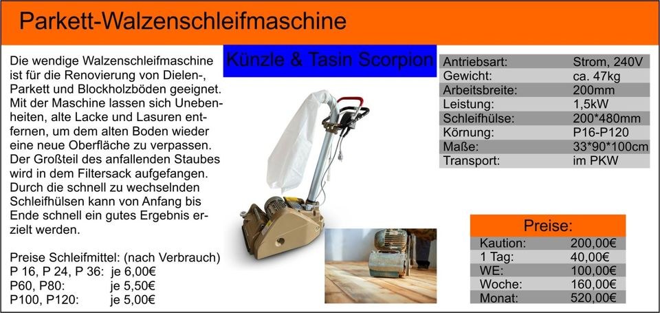 Parkettwalzenschleifmaschine Parkettschleifer mieten bei Tools4Time – 2