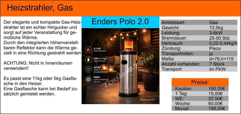 Heizstrahler Enders Polo Terrasse Heizpilz mieten bei Tools4Time – 2