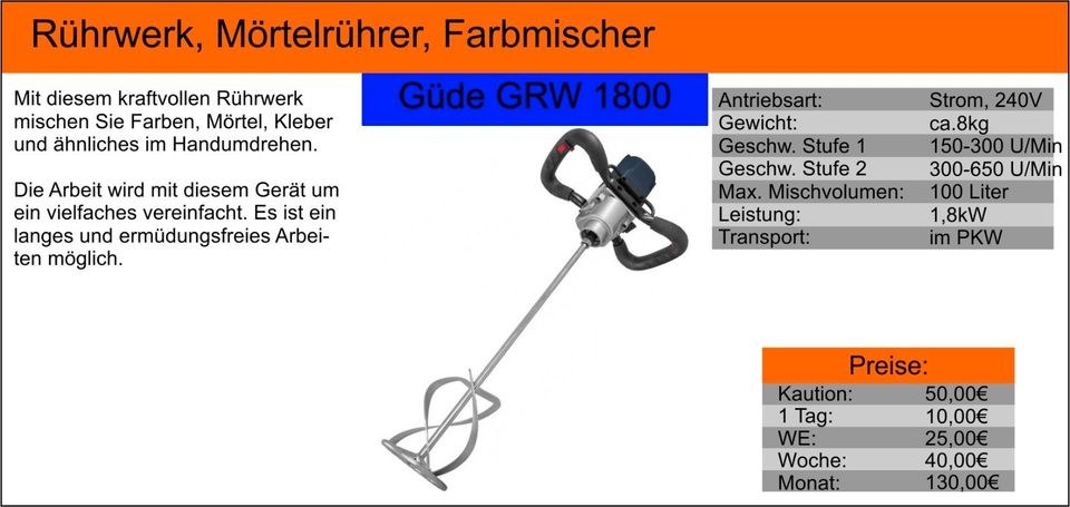 Rührwerk Mörtelrüher Farbmischer Mörtelmixer mieten bei Tools4Time – 2