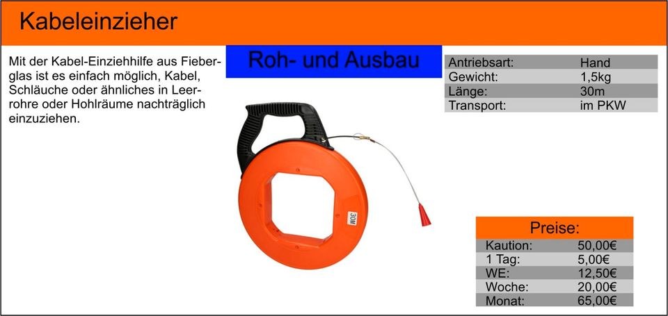 Kabel Einziehhilfe Kabeleinzieher Fiberglas mieten bei Tools4Time – 2