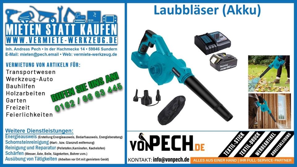 Laubbläser Akku Makita Blätter Staub Äste Haare mieten