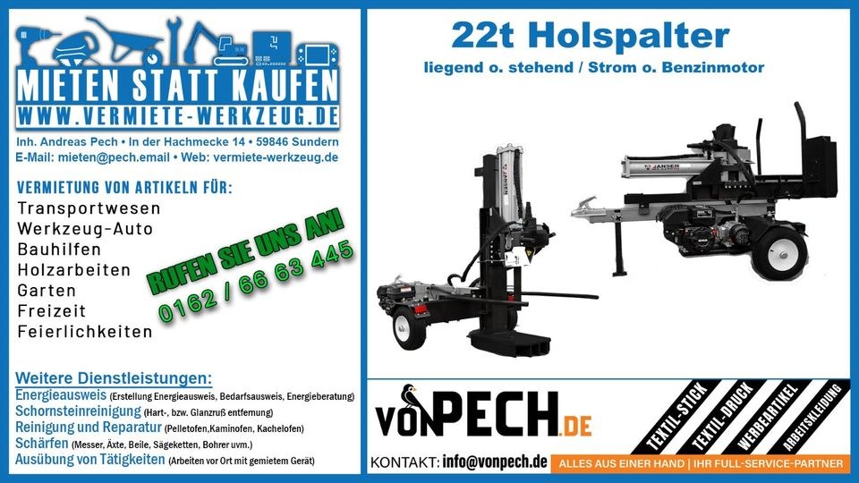STVO Zulassung 22t Holzspalter Benzin Strom mieten