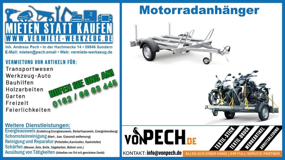 Motorradanhänger Zweirad mieten in Sundern (Sauerland)
