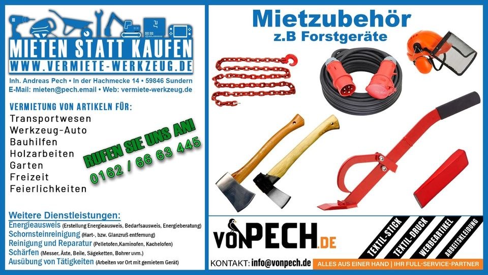 Fallheber Forstketten Spaltaxt Spalthammer Beil mieten