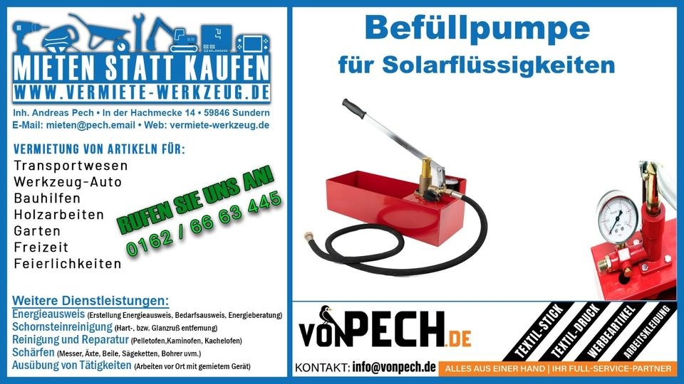 Befüllpumpe Solar Prüfpumpe Flüssigkeiten mieten