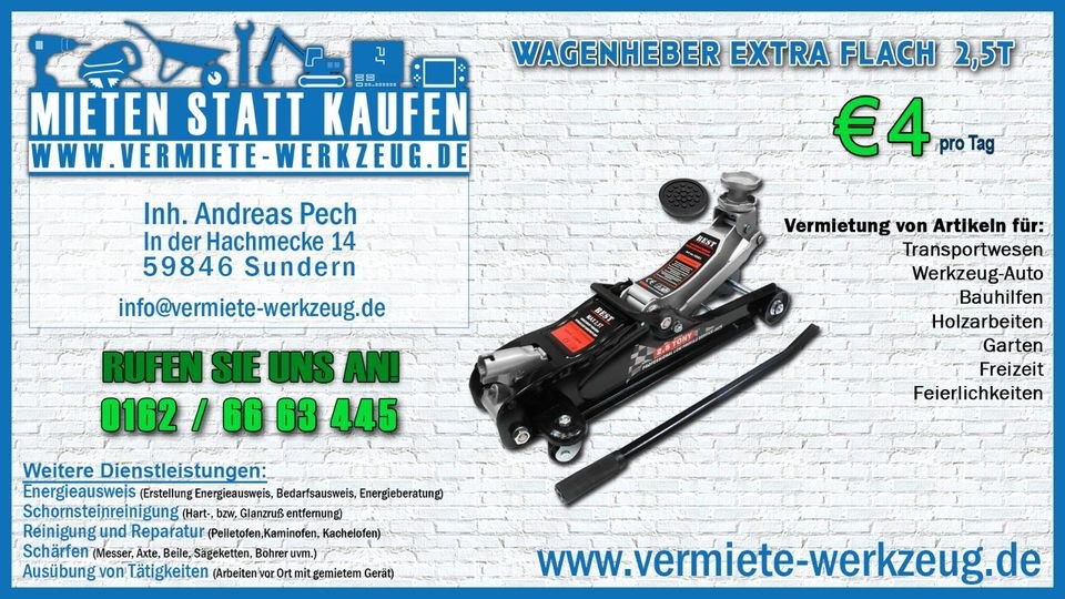 tiefer flacher Wagenheber 2,5 t Tonnen 80 360 mm mieten