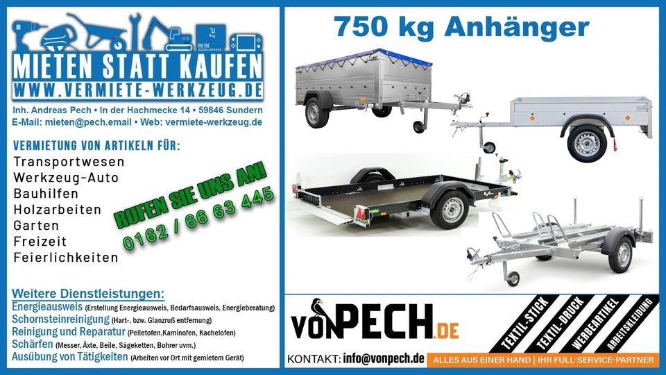 750 kg Anhänger Plane o Motorradanhänger mieten in Sundern (Sauerland)