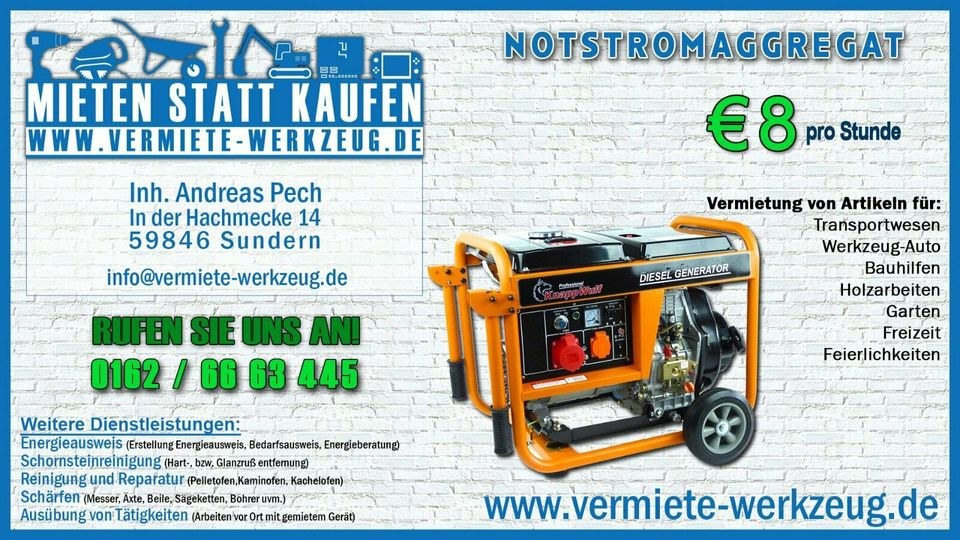 Stromerzeuger Notstromaggregat Generator mieten in Sundern (Sauerland)