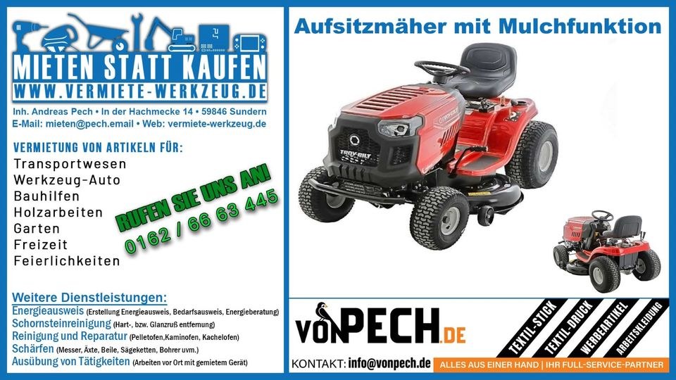 Rasentraktor Rasenmäher Mähmaschine mieten in Sundern (Sauerland)