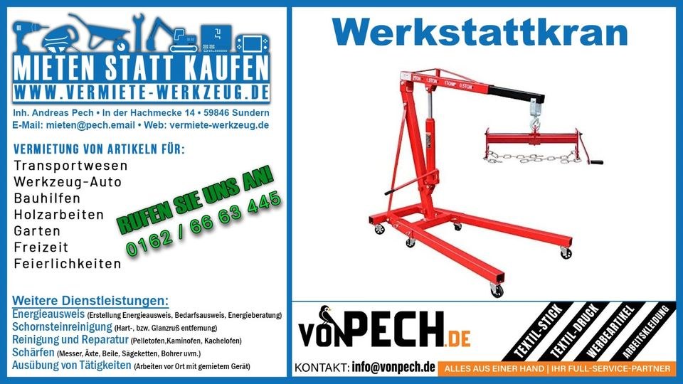 Werkstattkran Motorheber Motorkran mieten in Sundern (Sauerland)