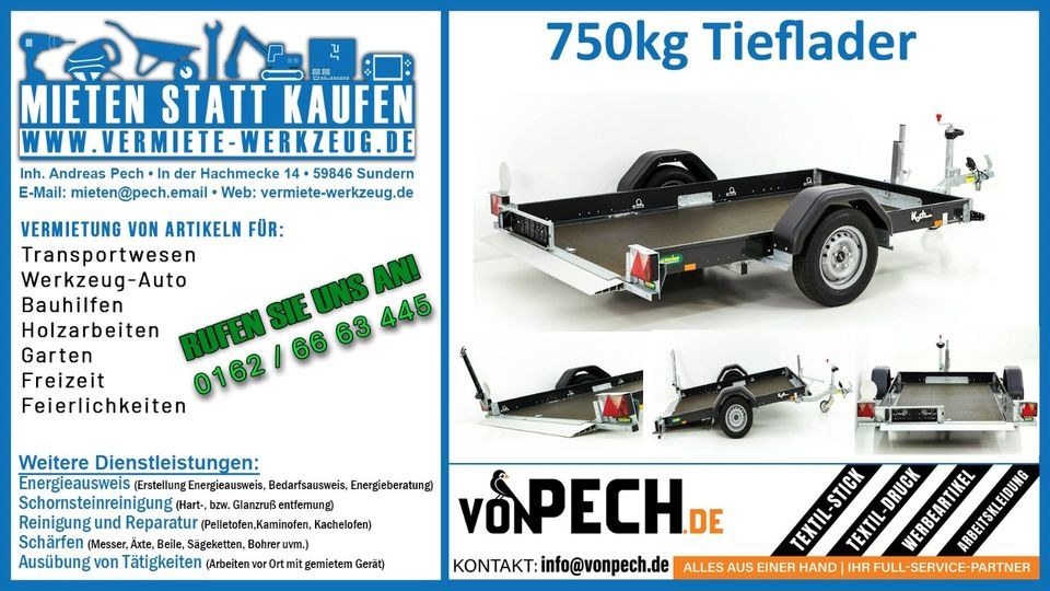 750 kg Tieflader Fahrzeugtransporter Plattform mieten