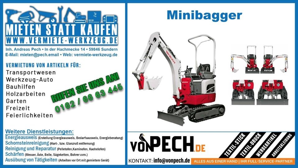 Minibagger 1,2t Schaufelpaket Kettenbagger mieten