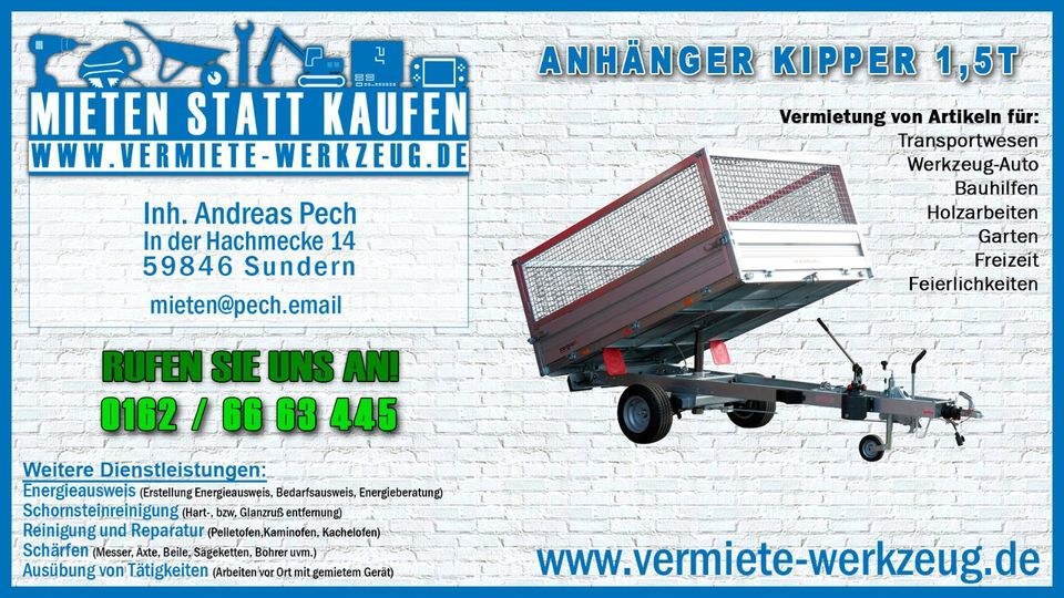 1,5t Anhänger Kipper Plane Muldenkipper mieten in Sundern (Sauerland)