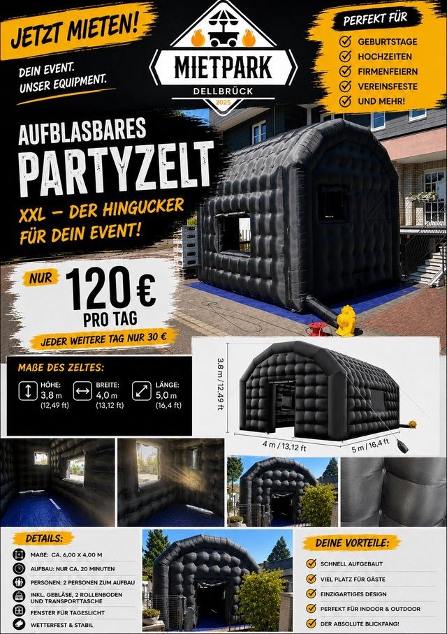Aufblasbares Zelt schwarz XXL Pavillon mieten in Köln Dellbrück