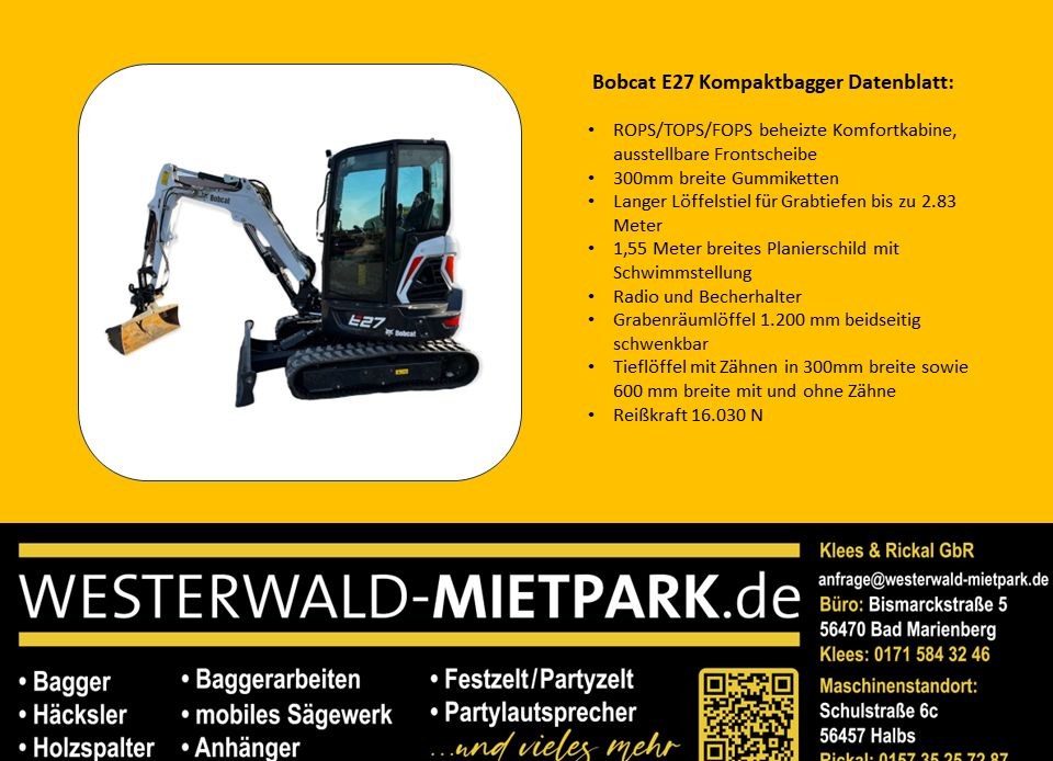Bobcat E27 Minibagger Bagger optional mieten in Bad