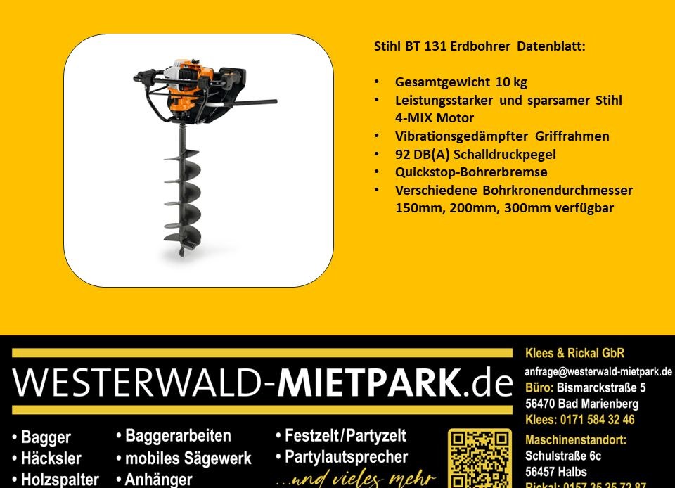 Stihl BT 131 Erdbohrer mieten in Bad – für Zaunpfosten & Pflanzlöcher