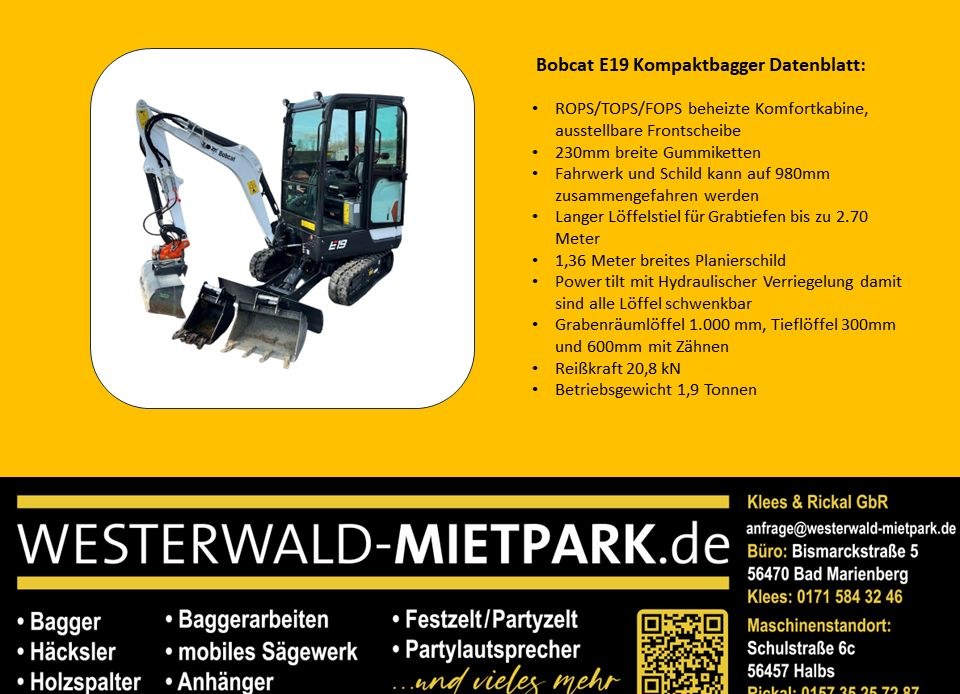 Bobcat E19 Minibagger Bagger mieten in Bad