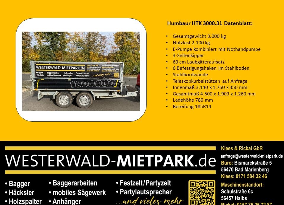 Humbaur 3,0 Tonnen HTK 3000 3 Seitenkipper mieten in Bad