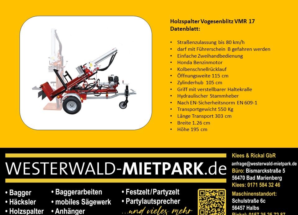 Mobiler Holzspalter Vogesenblitz VMR17 17 Tonnen mieten in Bad