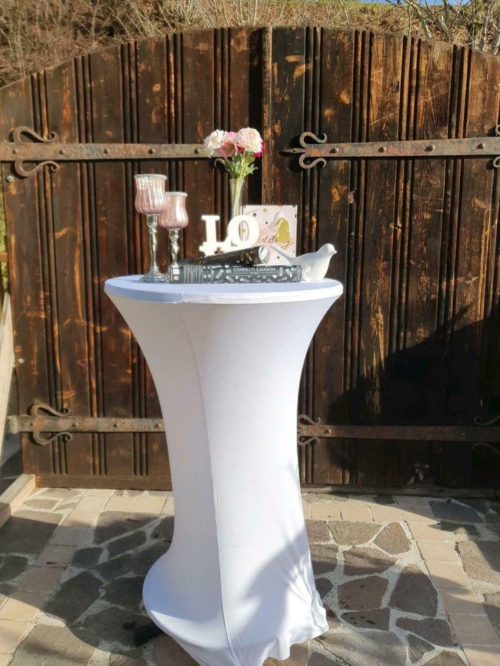 N Stehtischhusse stretch weiss rot schwarz 75cm mieten in Lechbruck