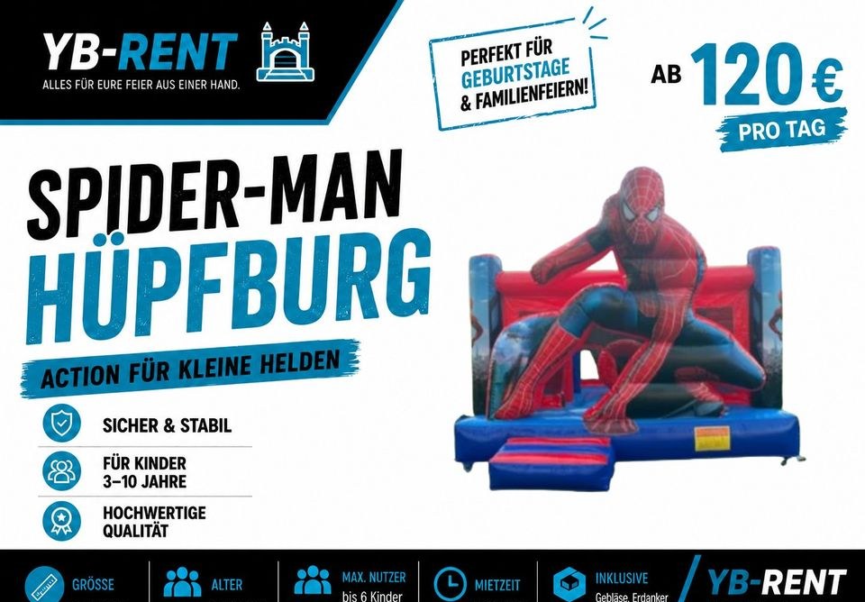 Spider Man Hüpfburg 4 m mieten bei YB-Rent – Hüpfspaß für jede Feier
