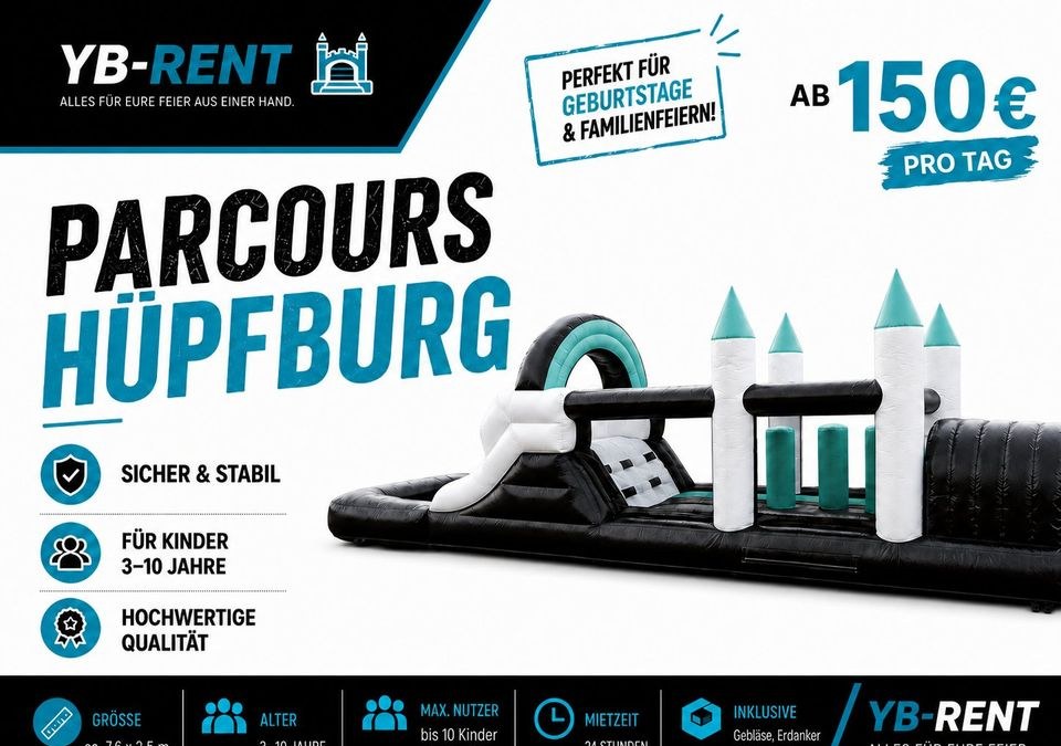 Kinder Parcours Hüpfburg 7,6 m mieten bei YB-Rent