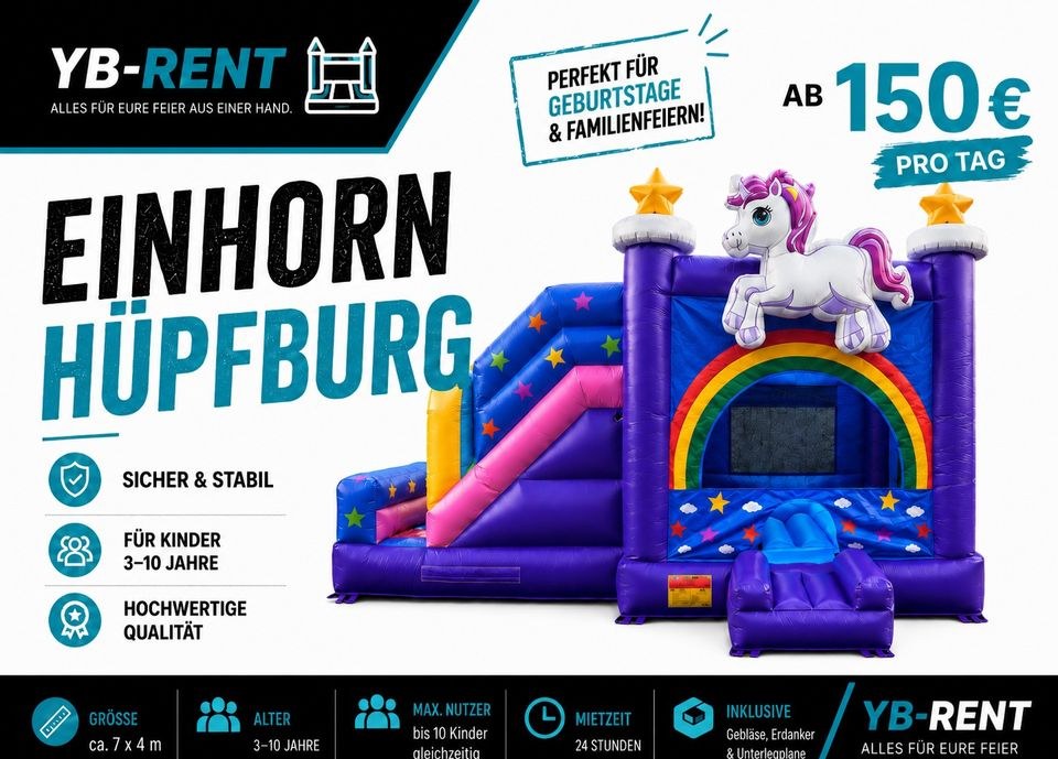 Einhorn Hüpfburg Rutsche mieten bei YB-Rent – Hüpfspaß für jede Feier