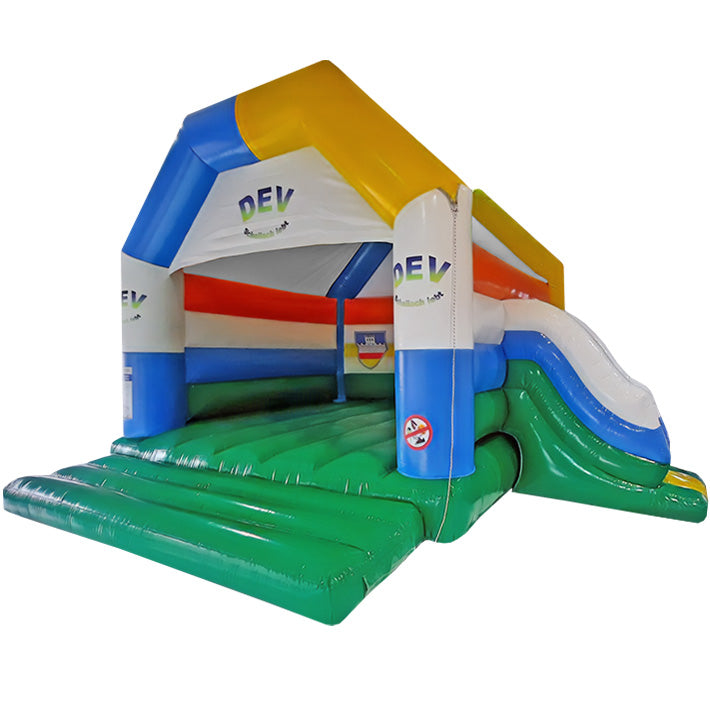 Hüpfburg mit Werbung DEV Gemeinde mit Rutsche mieten bei Happy Fun