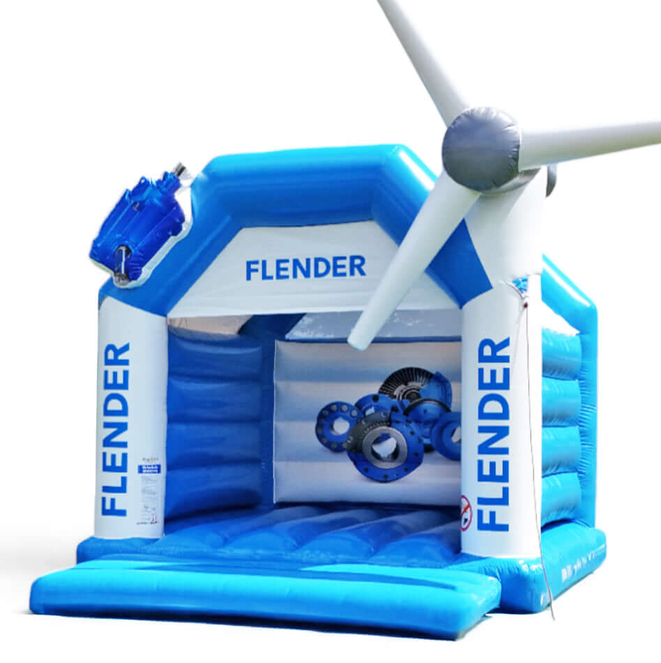 Personalisierte Hüpfburg „Flender“ mit Windrad und Produktnachbildung mieten bei Happy Fun