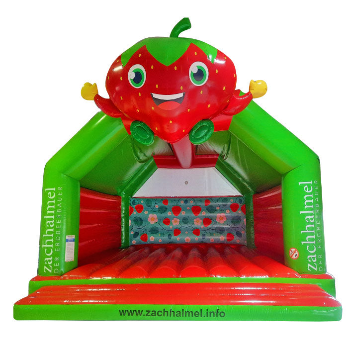 Hüpfburg Erdbeere mit Werbung mieten bei Happy Fun