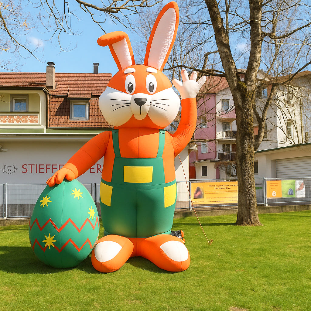 Riesiger Deko-Osterhase mit Osterei mieten – Aufblasbar, 5 m hoch mieten bei Happy Fun