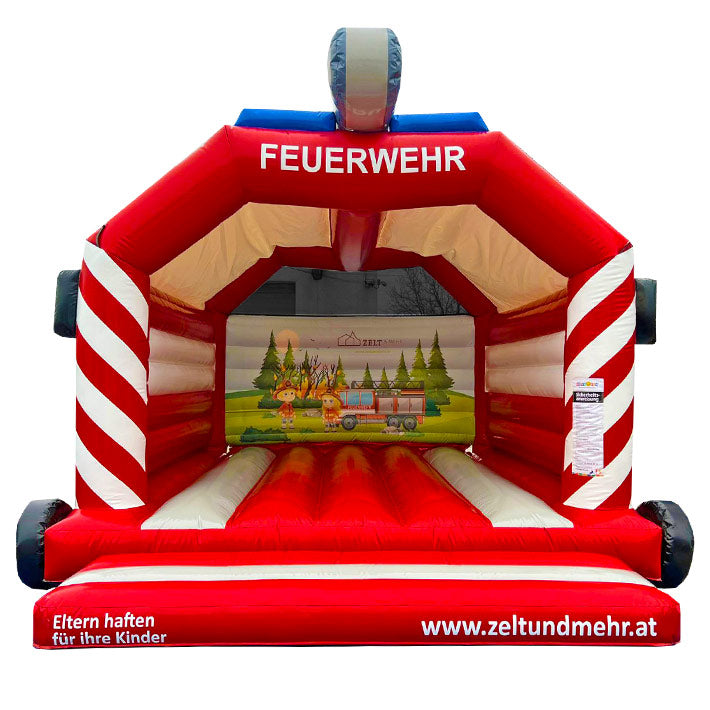 Hüpfburg Feuerwehrauto mit individuellen Werbeaufdruck mieten bei Happy Fun