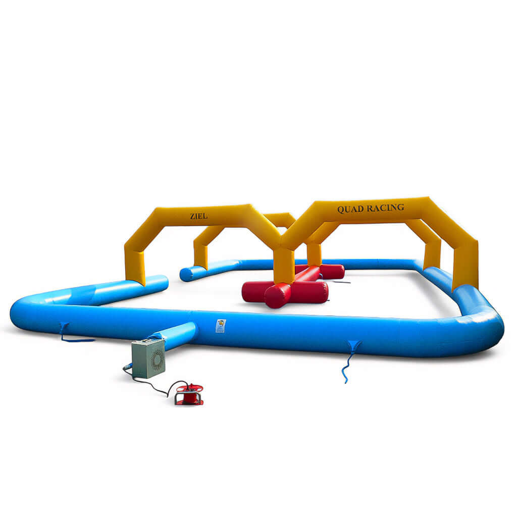 Aufblasbare Quad Bahn Blau Gelb – Rennstrecke für Kinder mieten bei Happy Fun