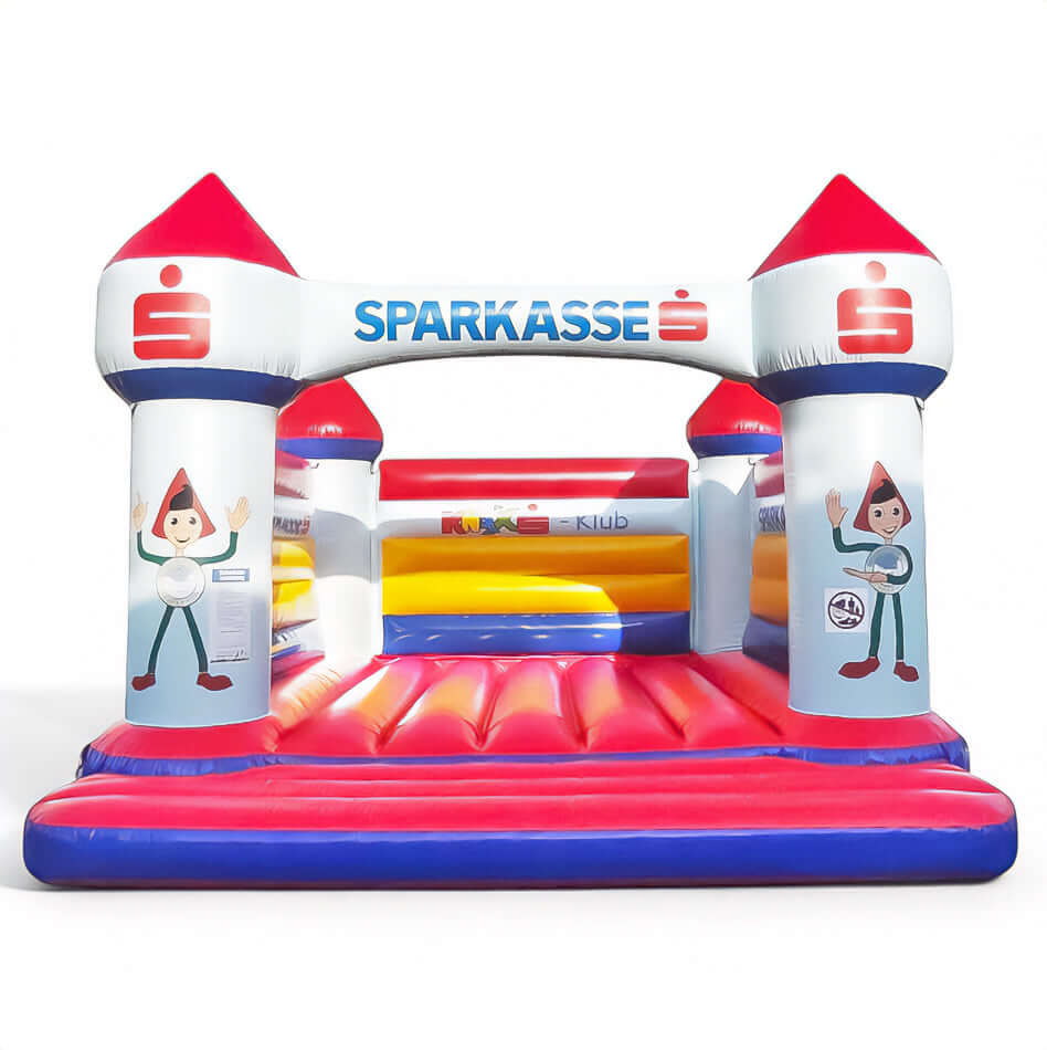 Personalisierte Hüpfburg Sparkasse mit Türmen mieten bei Happy Fun
