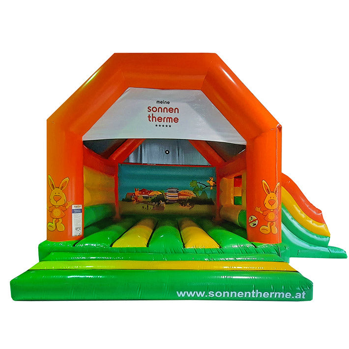 Hüpfburg Maskottchen Sonnentherme mit Rutsche mieten bei Happy Fun