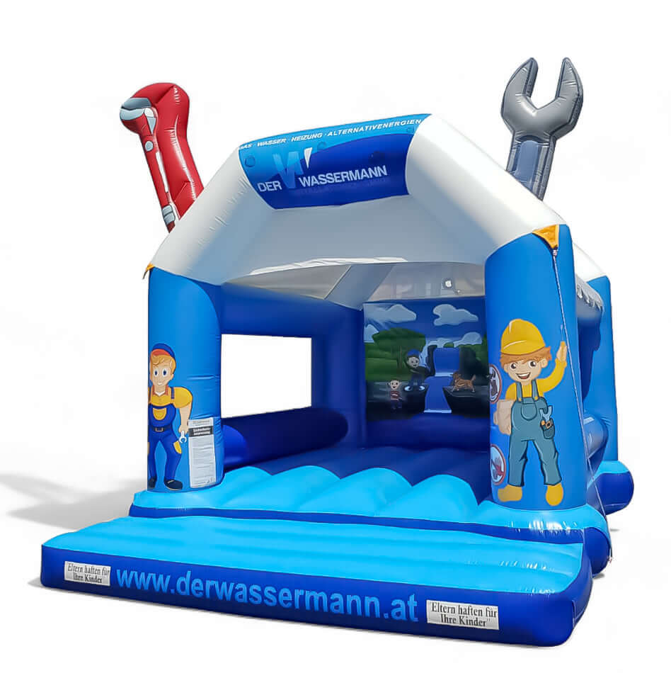 Hüpfburg Installateur mit Rohrzange und Schraubenschlüssel mieten bei Happy Fun