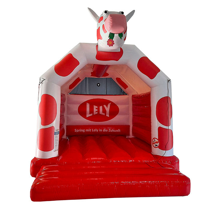 Individuelle Hüpfburg Kuh Lely mit Logo mieten bei Happy Fun