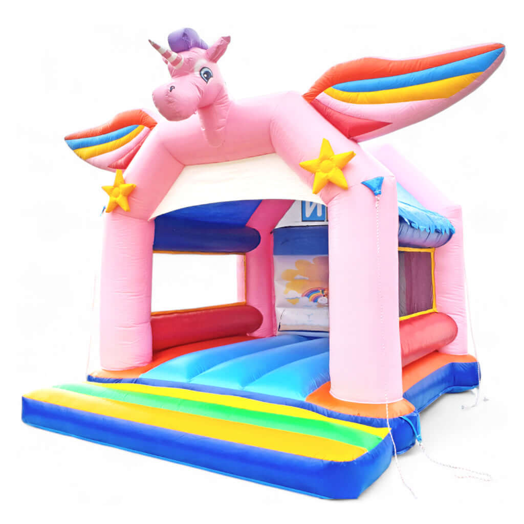 Hüpfburg Einhorn mit Dach – ein magischer Blickfang für Kinderträume mieten bei Happy Fun