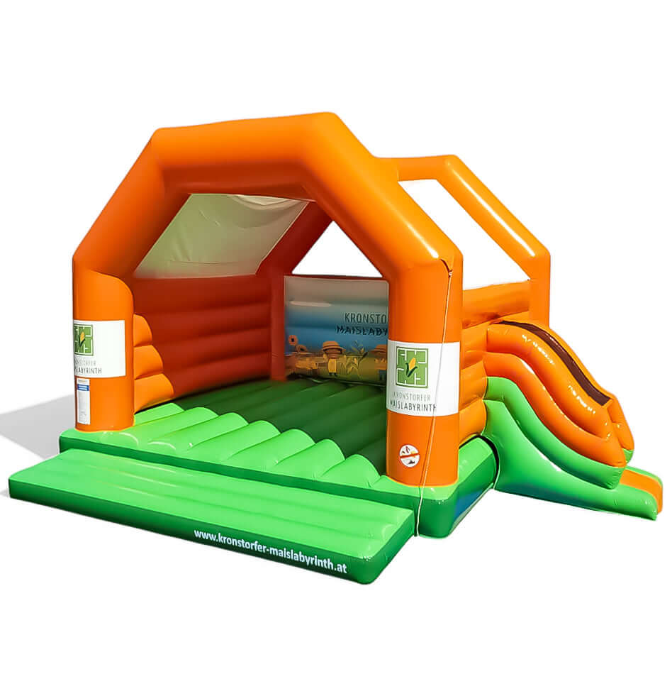 Personalisierte Hüpfburg Maislabyrinth mit Rutsche mieten bei Happy Fun