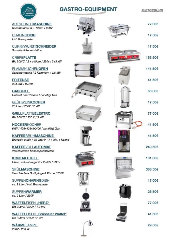 Glühweinkocher // Flammkuchenofen // Crepe // Kaffeevollautomat // Waffeleisen // Chafing Dish // Crepes Eisen // Grill