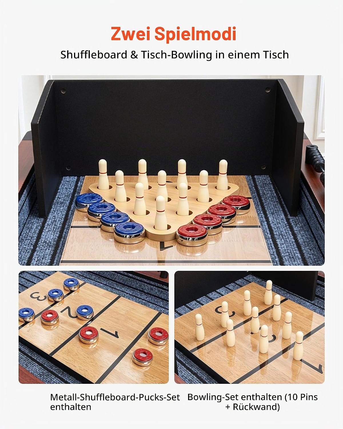 Shuffleboard Tisch 3,7 m Spieltisch Tischbowling mit kratzfestem Spielplatz Paletten Bowling-Set 2 in 1 – 3